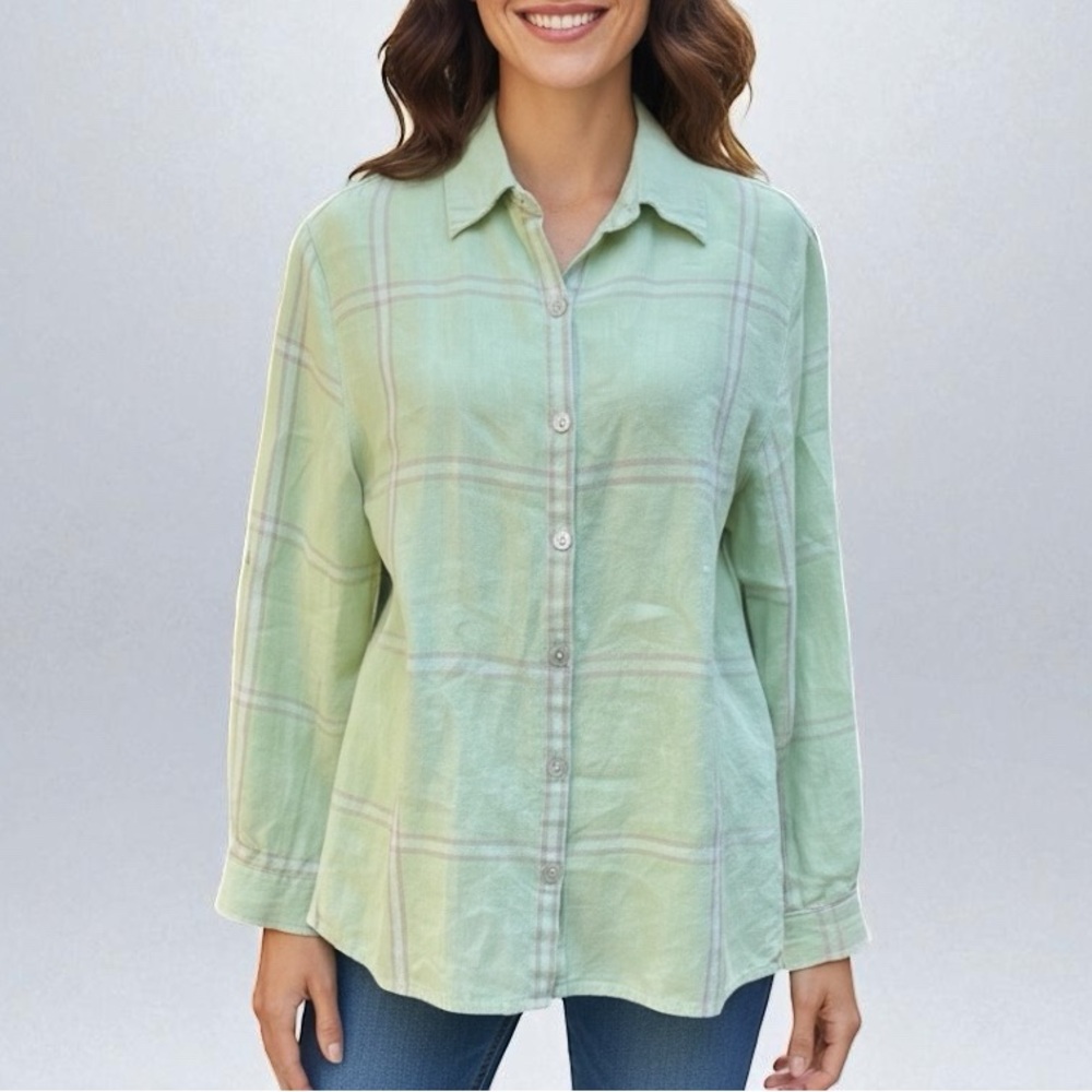 Studio Works 100% Linen Long Sleeve Button Front Top in Mint Plaid Size MP